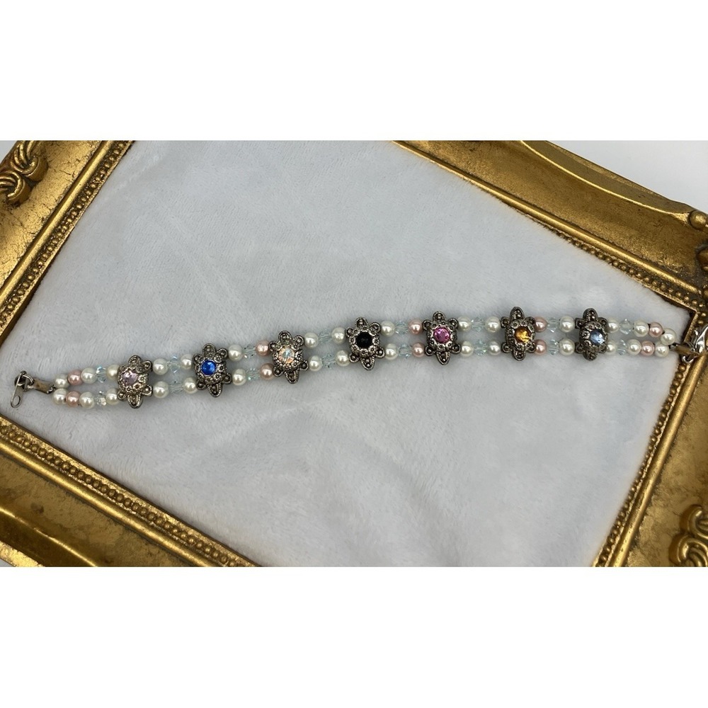 Handmade 2 Row Panel Bracelet Pearl Rhinestone Regal Royalcore Coquette Romantic - Picture 2 of 10